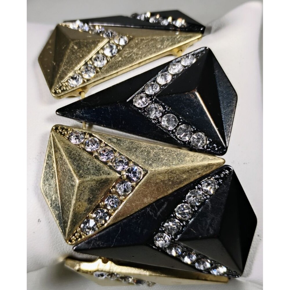 New Black & Gold Color Stretch Bracelet 2" Wide Crystal Accents Chunky Statement